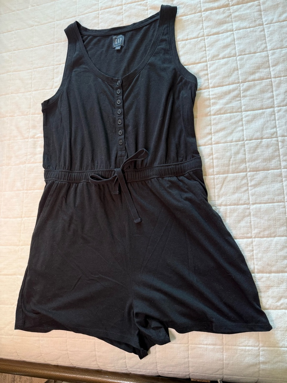 GAP Black Sleeveless Button-Front Romper with Drawstring